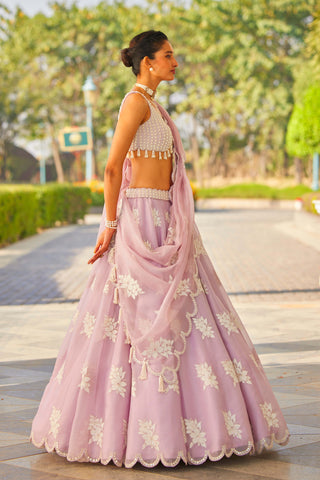Vvani By Vani Vats-Powder Lilac Flower Lehenga Set-INDIASPOPUP.COM