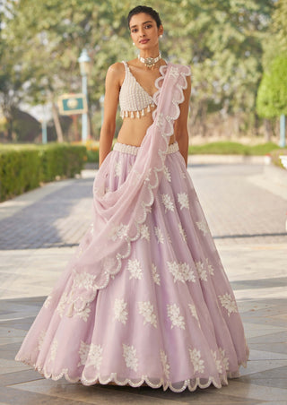 Vvani By Vani Vats-Powder Lilac Flower Lehenga Set-INDIASPOPUP.COM