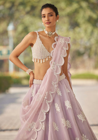 Vvani By Vani Vats-Powder Lilac Flower Lehenga Set-INDIASPOPUP.COM