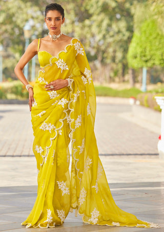 Vvani By Vani Vats-Moss Green Flower Sari And Blouse-INDIASPOPUP.COM