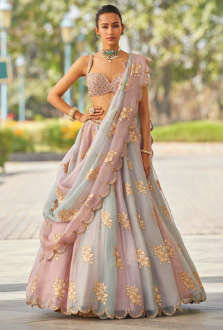 Vvani By Vani Vats-Ash Pink Flower Lehenga Set-INDIASPOPUP.COM
