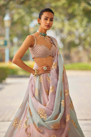 Vvani By Vani Vats-Ash Pink Flower Lehenga Set-INDIASPOPUP.COM