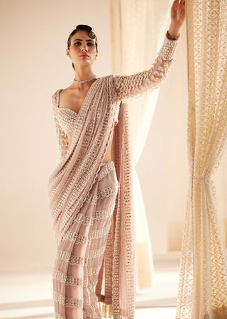 Vvani By Vani Vats-Ash Pink Chandelier Pearl Drop Sari And Blouse-INDIASPOPUP.COM