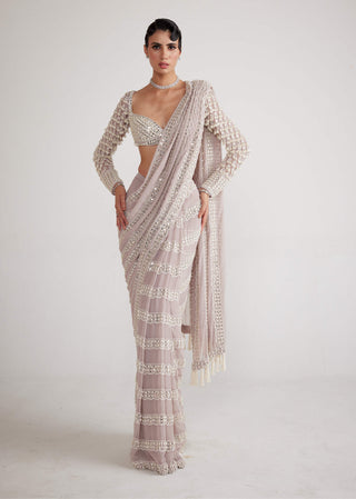 Vvani By Vani Vats-Ash Pink Chandelier Pearl Drop Sari And Blouse-INDIASPOPUP.COM