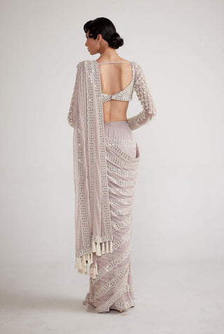 Vvani By Vani Vats-Ash Pink Chandelier Pearl Drop Sari And Blouse-INDIASPOPUP.COM