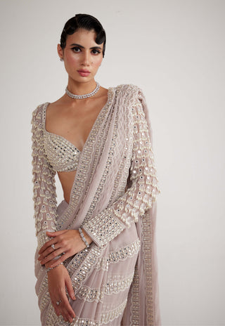 Vvani By Vani Vats-Ash Pink Chandelier Pearl Drop Sari And Blouse-INDIASPOPUP.COM