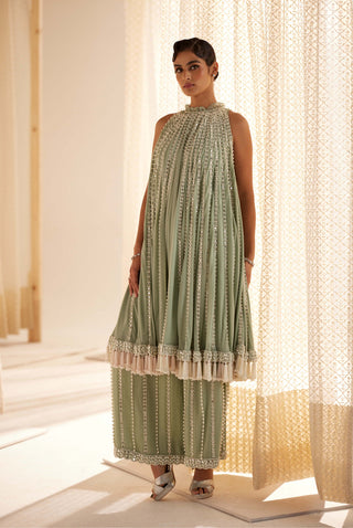 Vvani By Vani Vats-Powder Mint Green Chandelier Kurta And Pants-INDIASPOPUP.COM