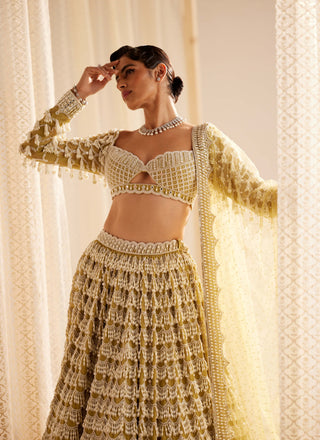 Vvani By Vani Vats-Fern Green Chandelier Pearl Drop Heavy Lehenga Set-INDIASPOPUP.COM