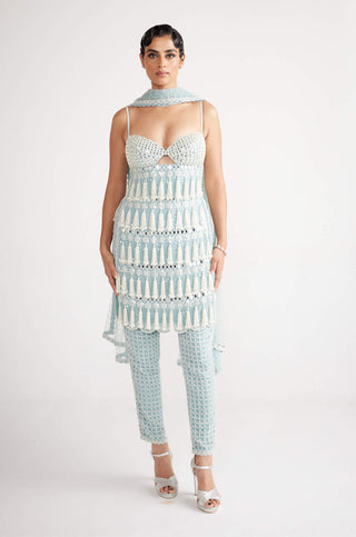 Vvani By Vani Vats-Powder Blue Chandelier Pearl Kurta Set-INDIASPOPUP.COM