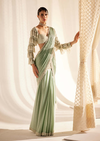 Vvani By Vani Vats-Powder Mint Chandelier Drop Sari And Blouse-INDIASPOPUP.COM