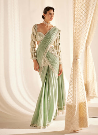 Vvani By Vani Vats-Powder Mint Chandelier Drop Sari And Blouse-INDIASPOPUP.COM