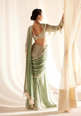 Vvani By Vani Vats-Powder Mint Chandelier Drop Sari And Blouse-INDIASPOPUP.COM