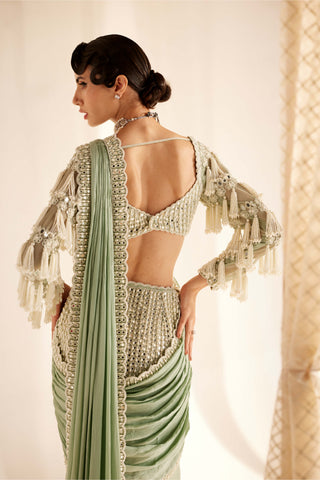 Vvani By Vani Vats-Powder Mint Chandelier Drop Sari And Blouse-INDIASPOPUP.COM