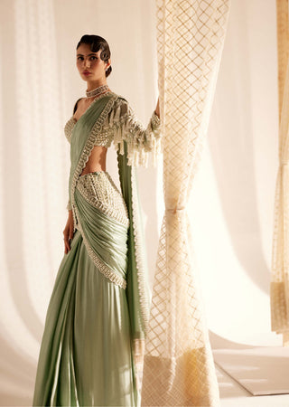 Vvani By Vani Vats-Powder Mint Chandelier Drop Sari And Blouse-INDIASPOPUP.COM