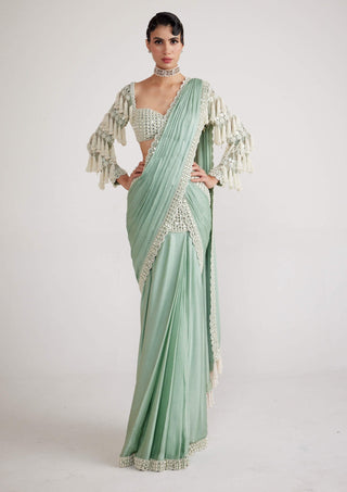 Vvani By Vani Vats-Powder Mint Chandelier Drop Sari And Blouse-INDIASPOPUP.COM