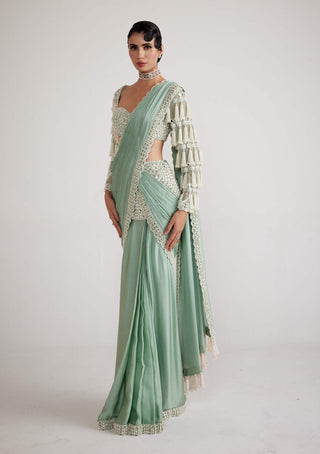 Vvani By Vani Vats-Powder Mint Chandelier Drop Sari And Blouse-INDIASPOPUP.COM