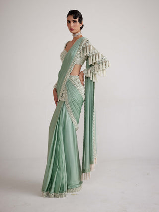 Vvani By Vani Vats-Powder Mint Chandelier Drop Sari And Blouse-INDIASPOPUP.COM