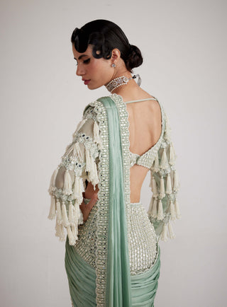Vvani By Vani Vats-Powder Mint Chandelier Drop Sari And Blouse-INDIASPOPUP.COM