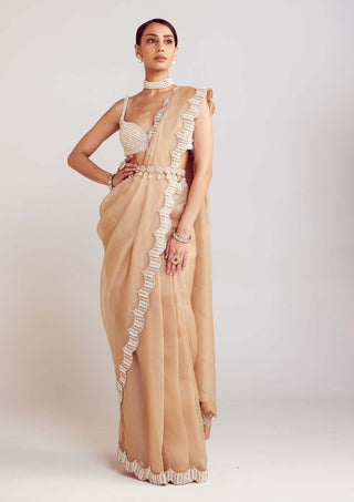 Vvani By Vani Vats-Beige Pearl Embellished Sari And Sweetheart Blouse-INDIASPOPUP.COM