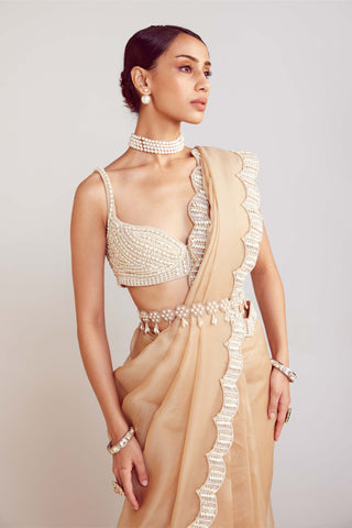 Vvani By Vani Vats-Beige Pearl Embellished Sari And Sweetheart Blouse-INDIASPOPUP.COM