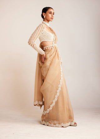 Vvani By Vani Vats-Beige Pearl Embellished Sari And Blouse-INDIASPOPUP.COM