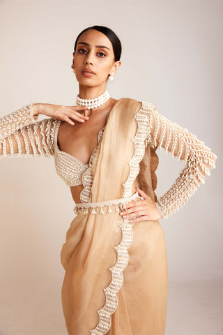 Vvani By Vani Vats-Beige Pearl Embellished Sari And Blouse-INDIASPOPUP.COM