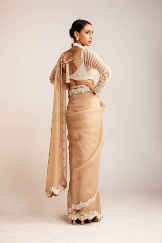 Vvani By Vani Vats-Beige Pearl Embellished Sari And Blouse-INDIASPOPUP.COM
