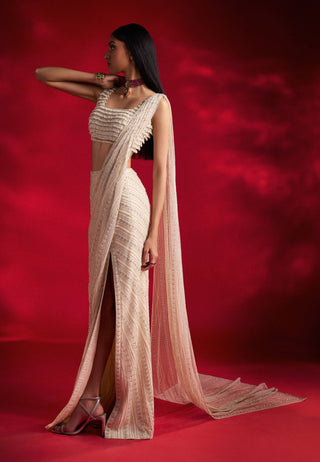 Viola Ivory Net Sari And Blouse by Charu & Vasundhara available on Indiaspopup.com