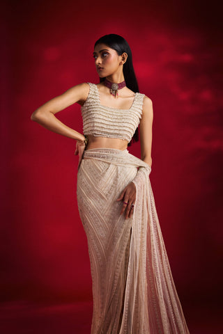 Viola Ivory Net Sari And Blouse by Charu & Vasundhara available on Indiaspopup.com