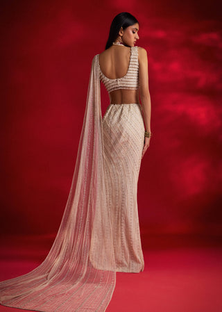 Viola Ivory Net Sari And Blouse by Charu & Vasundhara available on Indiaspopup.com