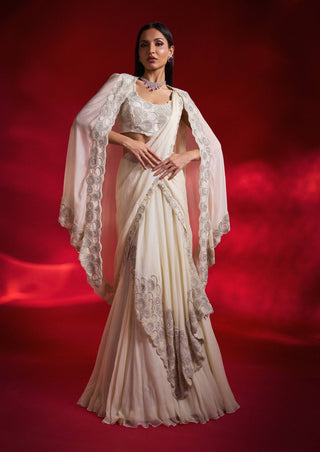 Violette Ivory Organza Sari And Cape Set by Charu & Vasundhara available on Indiaspopup.com