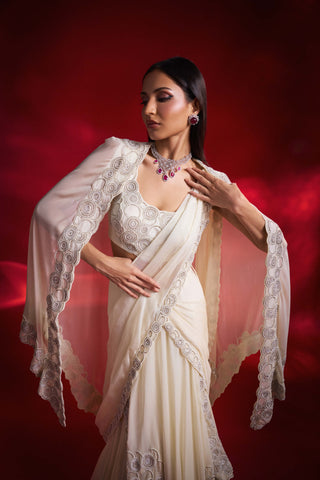 Violette Ivory Organza Sari And Cape Set by Charu & Vasundhara available on Indiaspopup.com