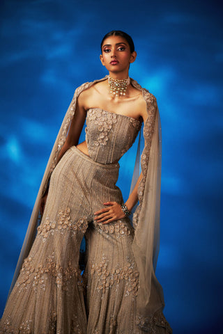 Viviana Champagne Corset And Sharara Set by Charu & Vasundhara available on Indiaspopup.com