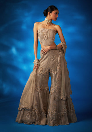 Viviana Champagne Corset And Sharara Set by Charu & Vasundhara available on Indiaspopup.com