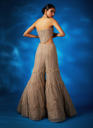 Viviana Champagne Corset And Sharara Set by Charu & Vasundhara available on Indiaspopup.com