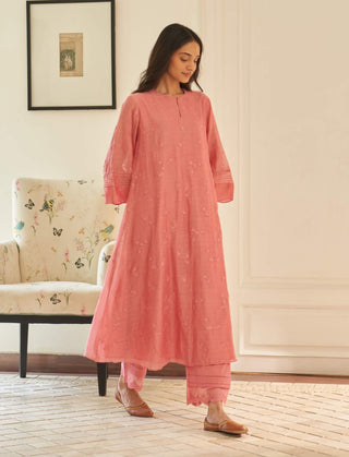 Peony thread embroidered tunic and pants