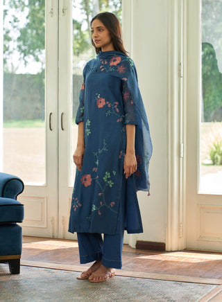Ocean blue floral applique kurta set