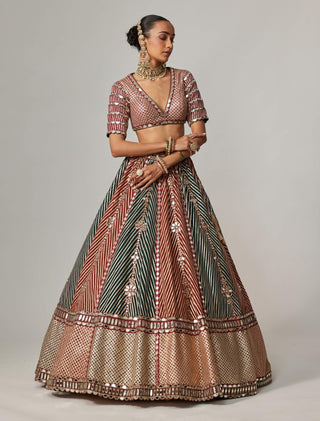 Cranberry linear flower lehenga and double dupatta set