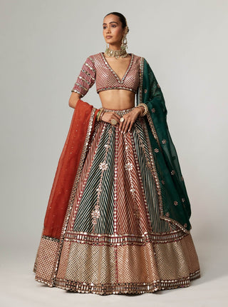 Cranberry linear flower lehenga and double dupatta set