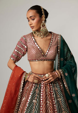 Cranberry linear flower lehenga and double dupatta set