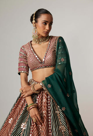 Cranberry linear flower lehenga and double dupatta set