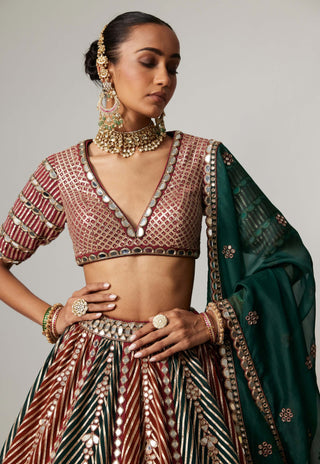 Cranberry linear flower lehenga and double dupatta set