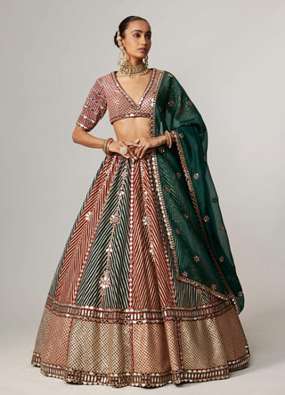 Cranberry linear flower lehenga and double dupatta set
