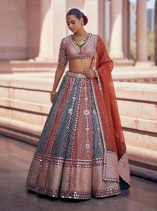 Cranberry linear flower lehenga and double dupatta set