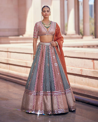 Cranberry linear flower lehenga and double dupatta set