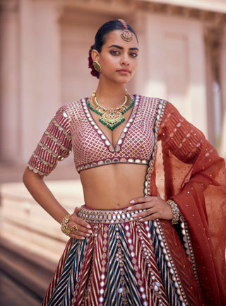 Cranberry linear flower lehenga and double dupatta set