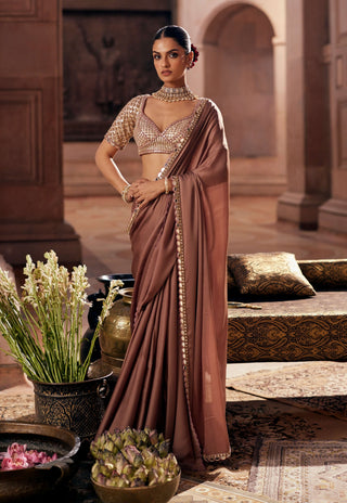 Deep beige satin sari and sweetheart blouse