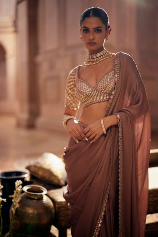 Deep beige satin sari and sweetheart blouse