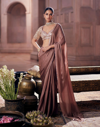 Deep beige satin sari and sweetheart blouse