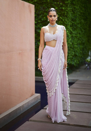 Lavender draped georgette sari and blouse